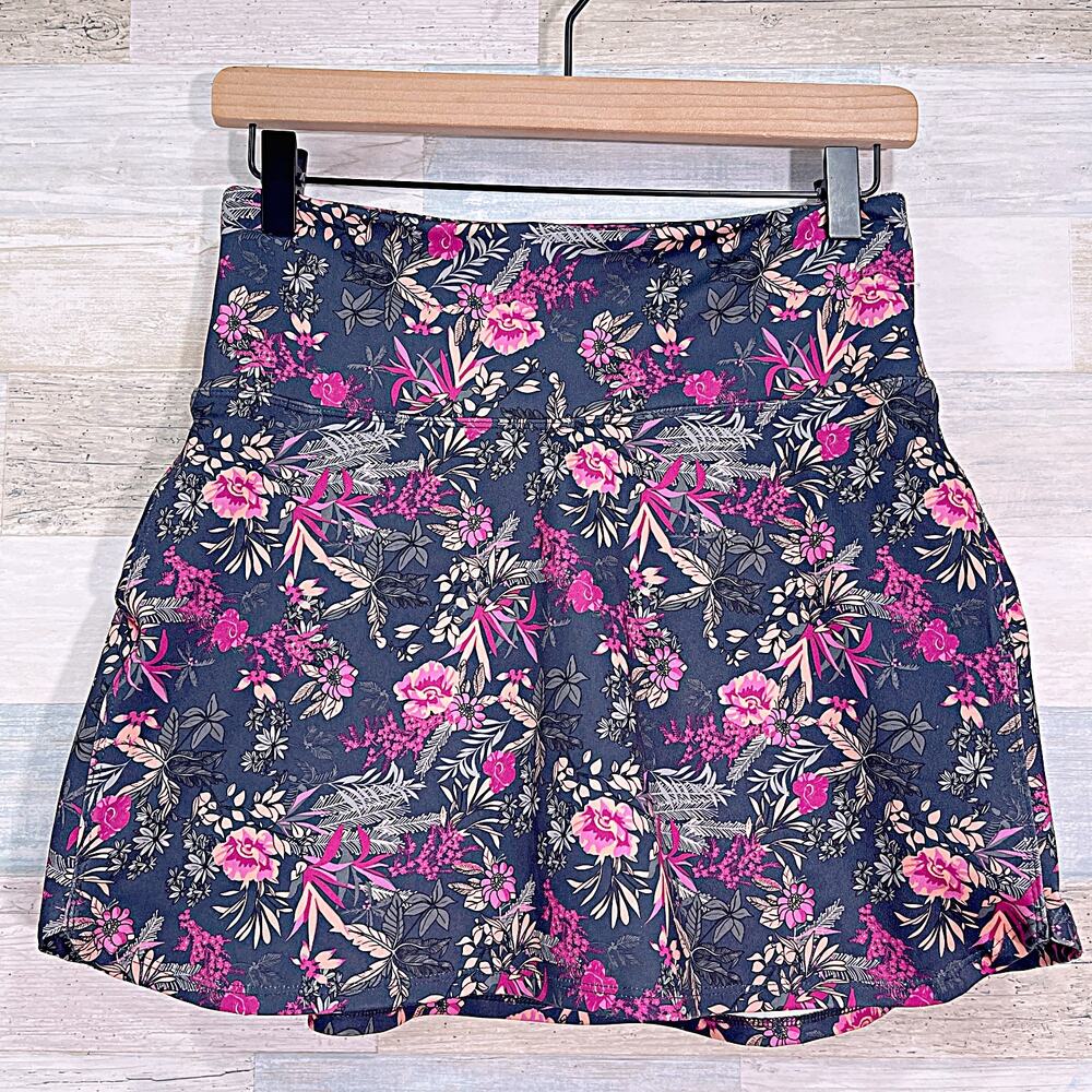 Marika Tropical Floral Activewear Skort Black Pink Built In Shorts Womens Medium